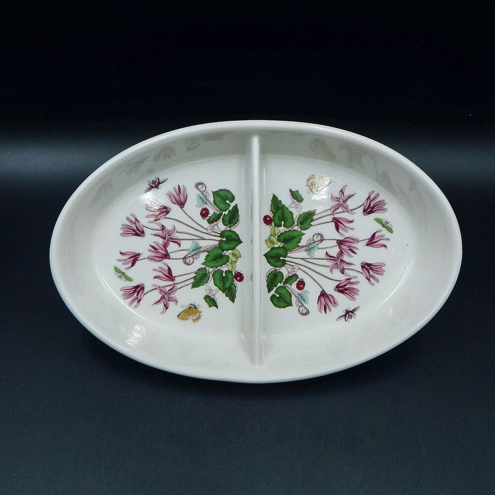Portmeirion China Botanic Garden Cyclamen Oval Divided Vegetable Serving Bowl